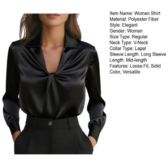 Women Shirt Lapel V-neck Knot Pleated Design Long Sleeve Pullover Tops Pure Color Smooth Satin Casual Tops Daily Wear