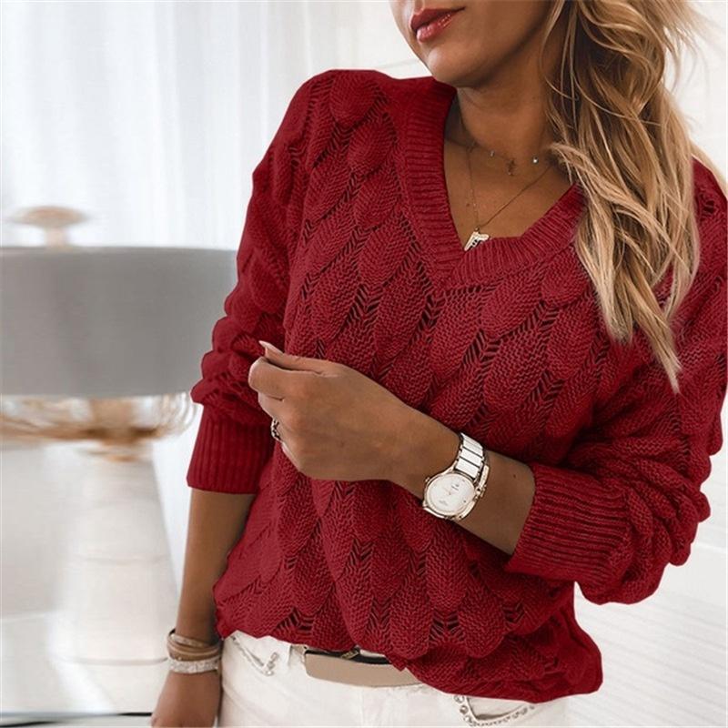 Autumn and Winter Three-dimensional Knitted Feather Hollow V-neck Long-sleeved Sweater Women,Solid Color Casual Knitted Sweater