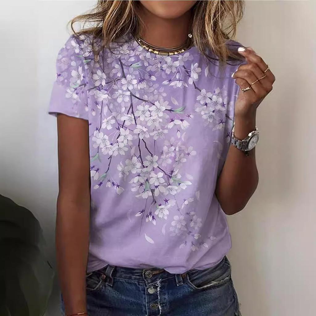 Sommer Rund Hals 3D Blomstermønster Trykt Topp Moteriktig Casual Kortermet Dame T-skjorter