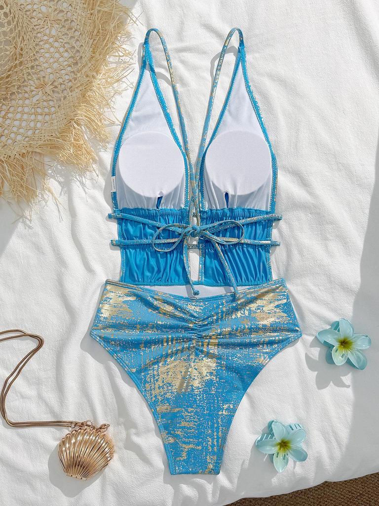 Elegant Metallic Lace-up Backless One-piece Swimsuit - Sexy Deep V-neck Design