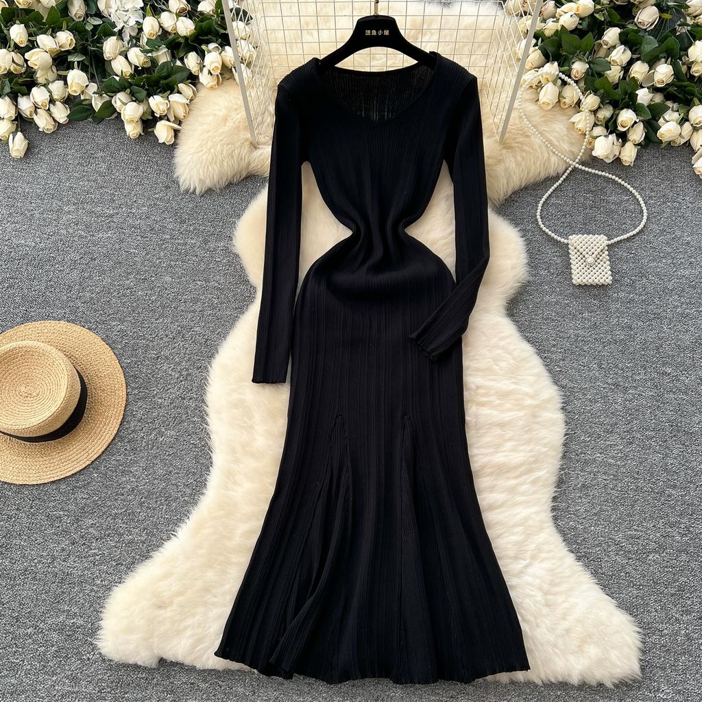 Autumn Winter Women Elegant V-neck Full Sleeve Knitted Pullover Sweater Long Maxi Party Mermaid Dresses