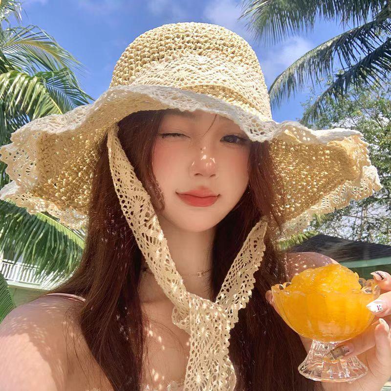 Lace Bow Straw Hat Women's Summer French Large Brim Sunscreen Hat Seaside Beach Vacation Sun Hat