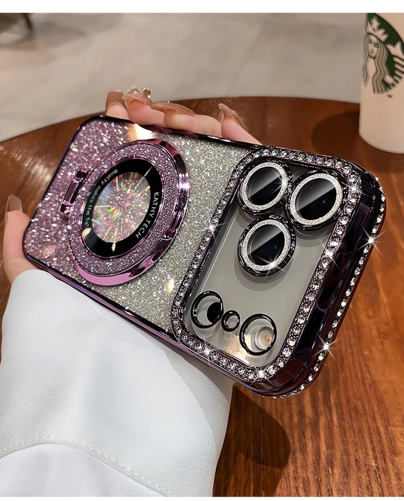 Suitable for iPhone17/16/15/14/13/12/11 Case With Lens Film 16 Anti-drop 15 Rhinestone Glitter Magnetic Stand