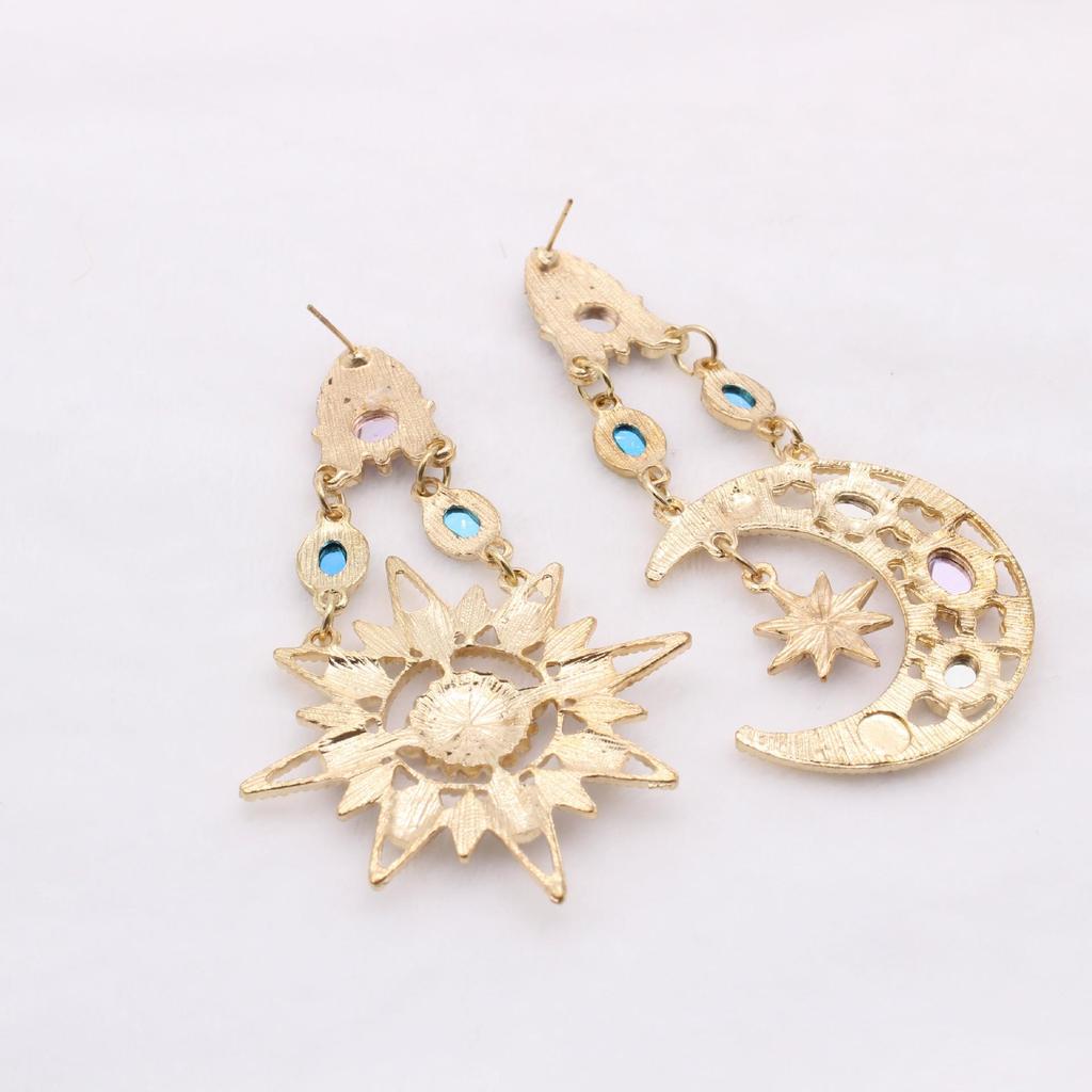 Women Style Star Sun Moon Crystal Asymmetry Dangle Earrings
