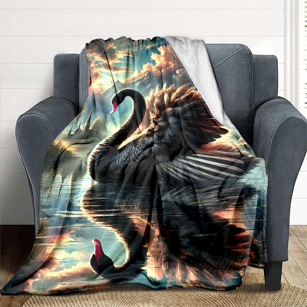 1pc Black Swan Art Print Blanket Lightweight Flannel Blanket Throw Blanket For Sofa, Bed, Travel, Camping, Livingroom, Office, Couch, Chair, And Bed y