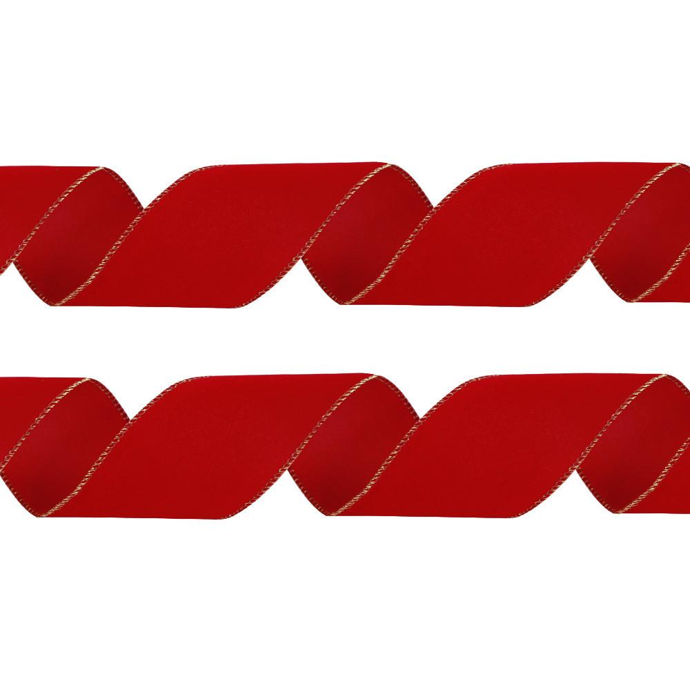 Stylish 10 Meter Christmas Velvet Ribbon In Red With Gold Border For Holiday Crafts