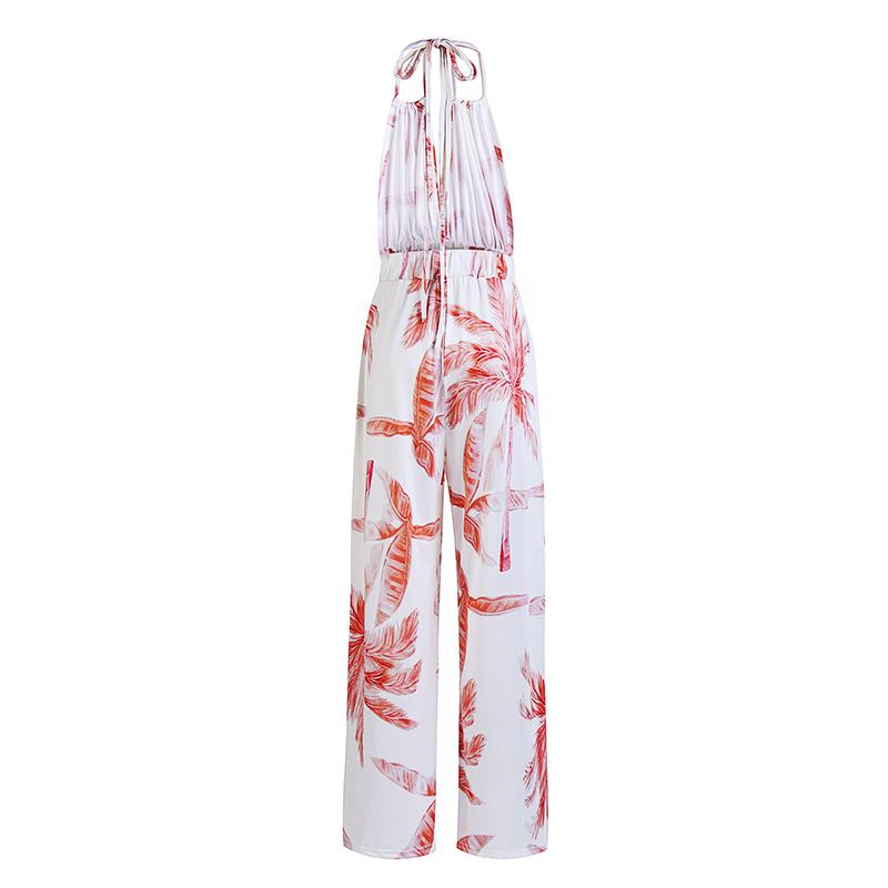 Frauen Sommer Backless Sexy Coconut Tree Print Neunte Hosen Halter Elastische Strampler Overall