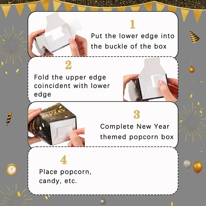 10Pcs Happy New Year 2026 Theme Party Decor Fireworks Popcorn Box Candy Cookie Packaging Boxes For Movie Night Party Decor