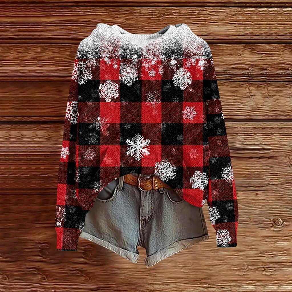 Women's Fashion Casual Long Sleeve Christmas Print Hooded Knitted Sweatshirt