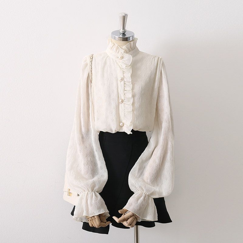 

Apricot Stringy Selvedge Stand Collar Niche Bell Sleeve Shirt Apricot S