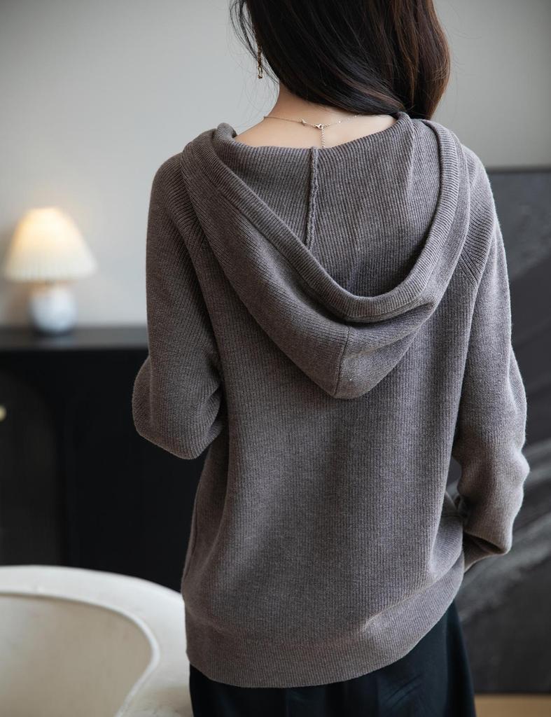 Yuanbao Stitch Women's Korean Style Wool Zippered Hoodie - Casual Versatile Solid Color Knitwear