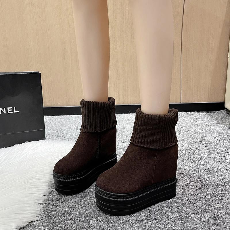 Moda 12,5CM Mulheres Meia Panturrilha Inverno Tricô Pelúcia Salto Escondido Mulher Quentes Botas de Inverno Moda Plataforma Sola Grossa Sapatos Bota Feminina