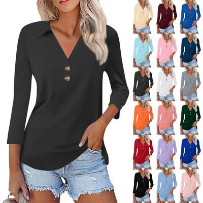 Women's Summer Fashion Casual Solid Color Printed V-Neck Seven-Point Sleeve Button Down Collar  Shirt Top