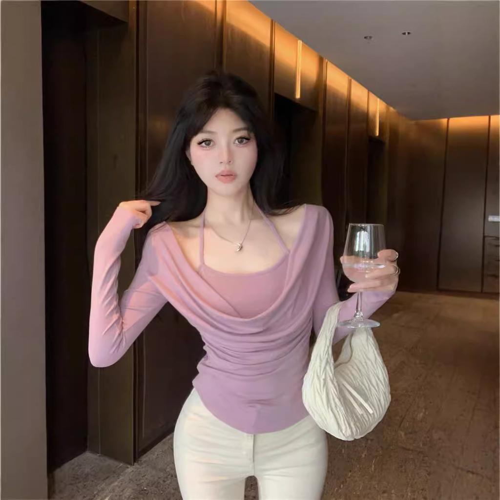 Swinging Collar Hanging Neck Long-sleeved T-shirt for Women, Slim and Thin In Spring and Autumn, Spice Girl Fake Two Pieces, Bottoming Shirt Inside