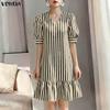 Summer Women Short Sleeve Striped Print Casual Ruffled Tunic Dress