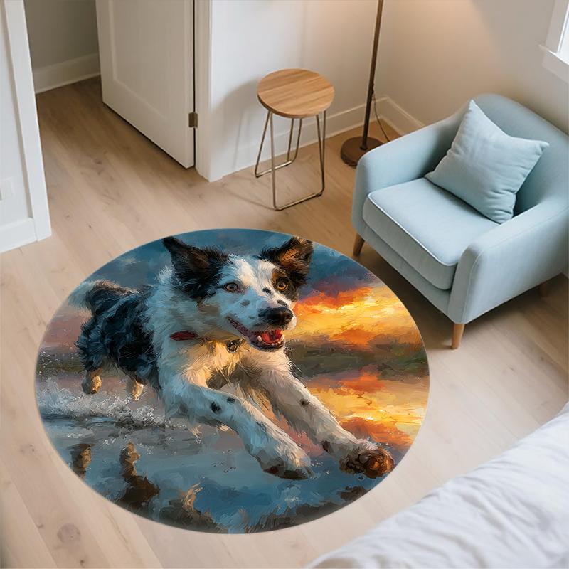 Runder Teppich mit Border Collie Muster, Teppich für Wohnzimmer, Schlafzimmer, Spielzimmer, Rutschfeste Bodenmatte, Weihnachtsgeschenke und Geburtstagsgeschenke.