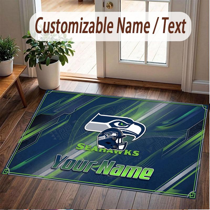Custom Rug Seattle Seahawks Pattern Print Name Text Soft Non‑Slip Floor Carpet for Home Indoor Decoration