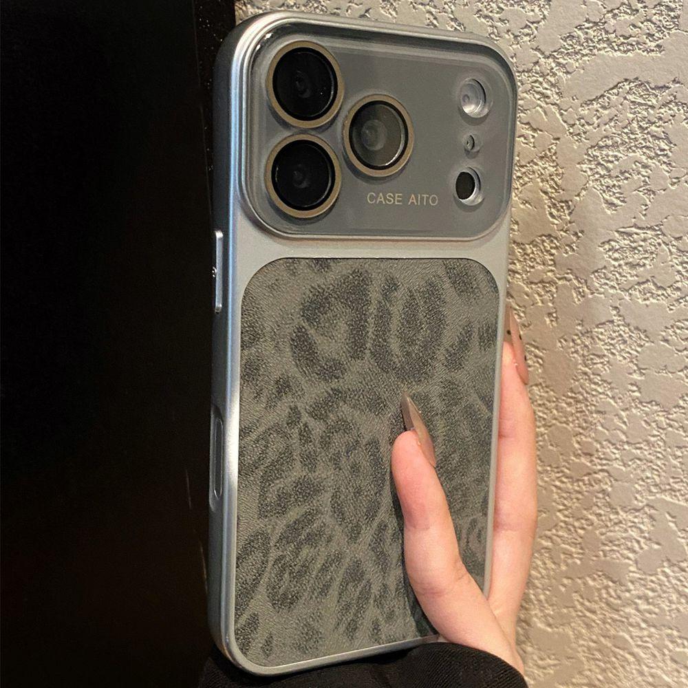 

Luxury Leopard Print Leather Texture Phone Case For iPhone 17 16 15 14 Pro Max 13 Crystal lens protection Shockproof Matte Cover iPhone17 сірий колір