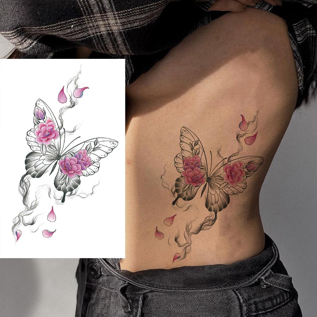 1 Sheet Sexy Butterfly Plum Rose Temporary Tattoos For Women Girls Watercolor Fake Flower Tattoo Sleeve Waterproof Decoration