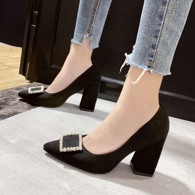Work Shoes Women's Black Career Interview Work Dress Pointed High Heels Women's Thick Heels Medium Heel Comfortable Single Shoes Women's Shoes