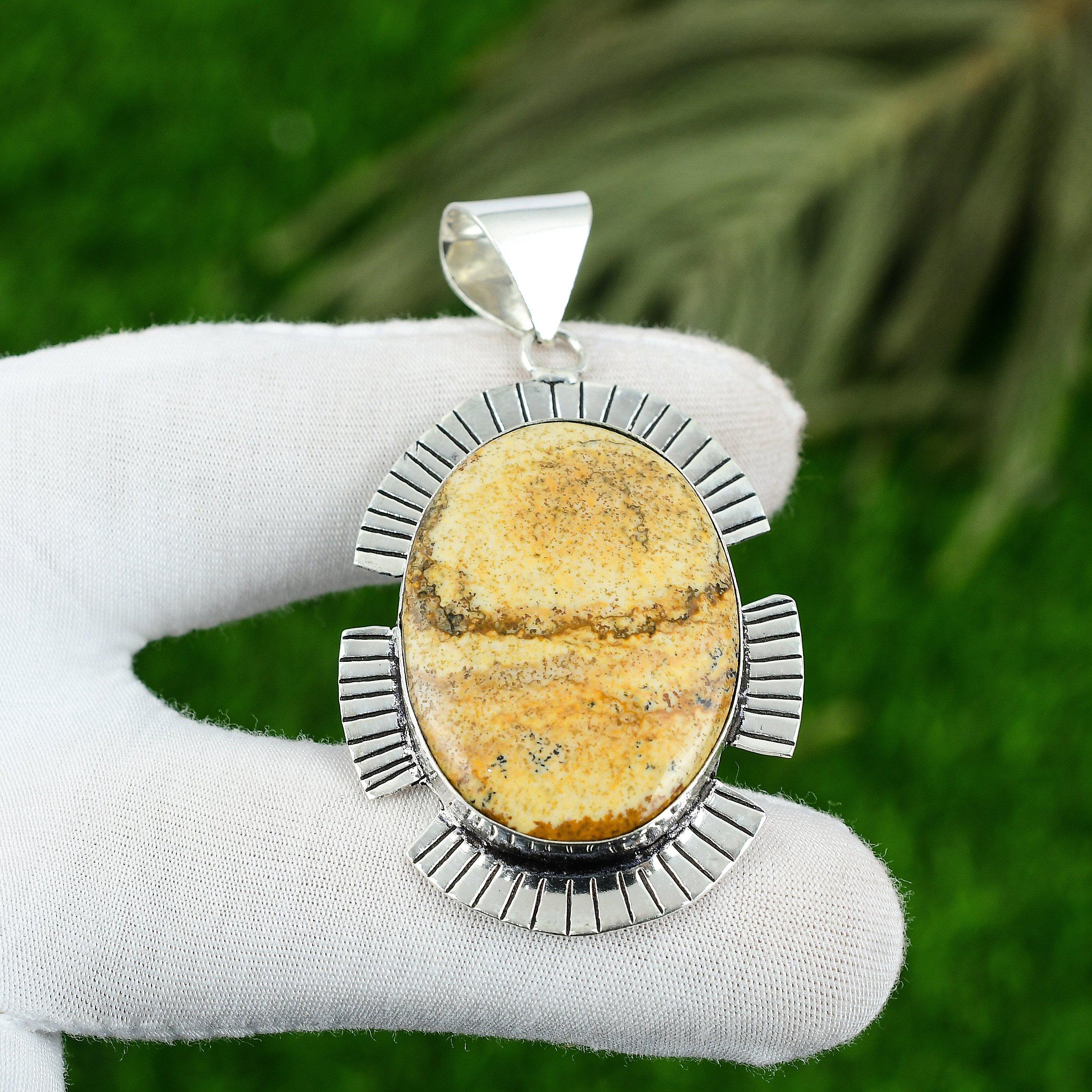 Sterling Silver Oval Picture Jasper Stone Wife Engagement Anniversary Pendant