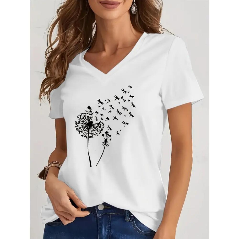 New Women T-shirt Simple Graphic Print Oversized Women's Trending Clothing Fashion Short Sleeve Shirt Women V-Neck Blouse 2025