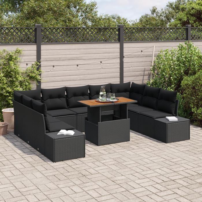 VidaXL Ensemble de salle à manger de jardin de 10 pièces avec coussins en poly rattan noir et acacia 3350009