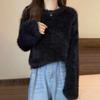 Ladies Autumn Winter Long Sleeve O Neck Pullover Solid Color Knitted Plush Blouse Sweater Top