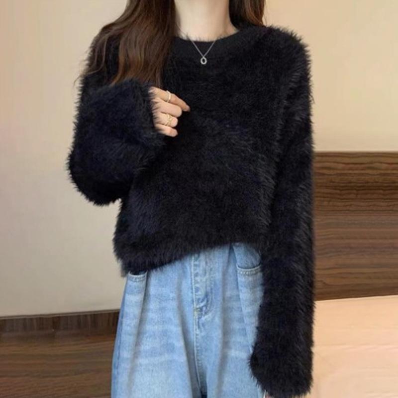 Ladies Autumn Winter Long Sleeve O Neck Pullover Solid Color Knitted Plush Blouse Sweater Top one size