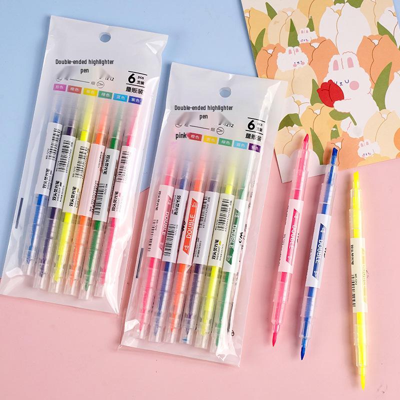 Double-Ended Fluorescent Highlighter Set - 6 Colors, Slanted Tips, Ideal for Students