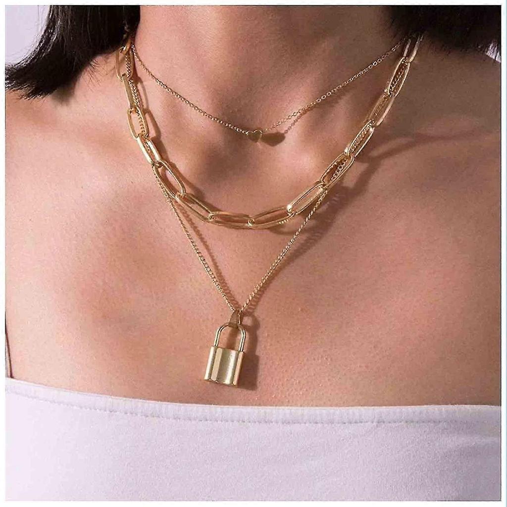 Layered Heart Necklace Gold Lock Chain Necklace Block Paper Clip Necklace