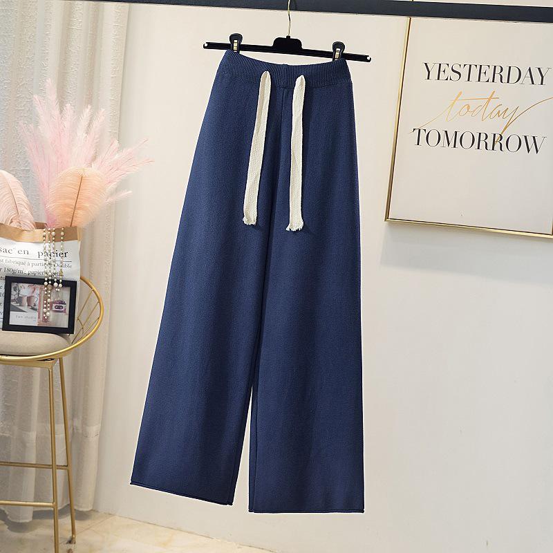 

Женские эластичные трикотажные брюки с высокой талией 2024 года — осенние свободные длинные брюки One Size синий