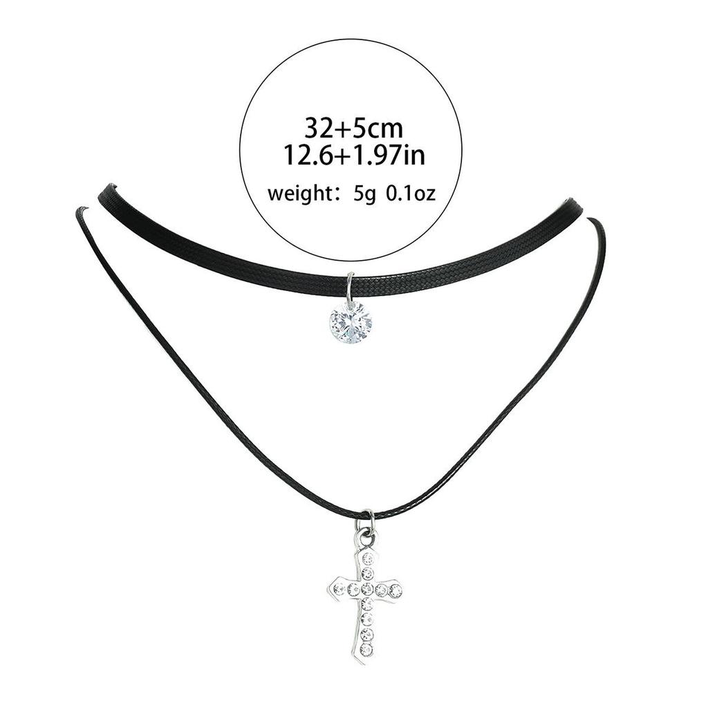 Black Leather Rope Necklace Female Double Neck Strap Collarbone Chain Simple Mori Temperament Neck Chain Cross Pendant