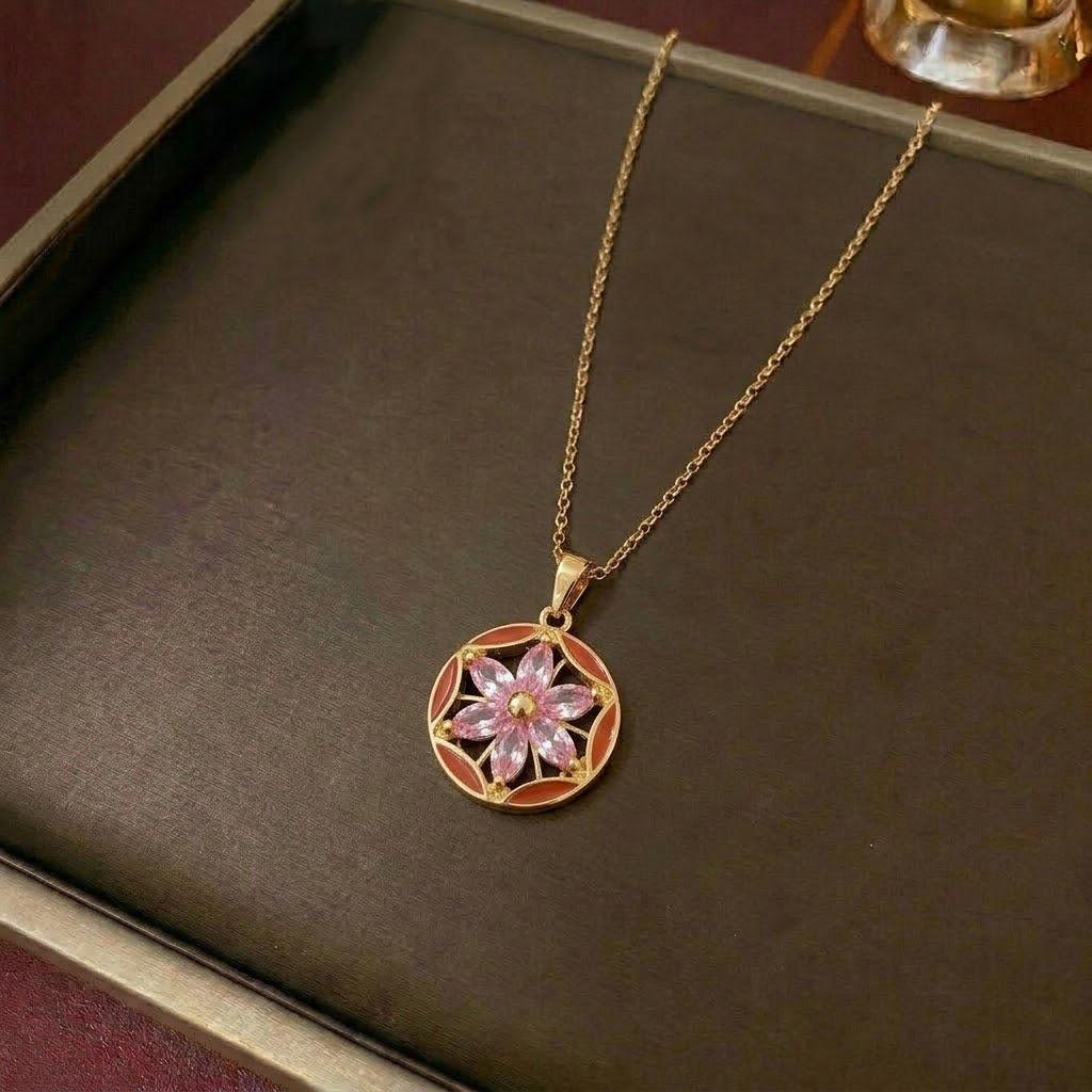 Women's Fashion Necklace & Bracelet Set: Flower Pendant, Diamond Bauhinia Earrings
