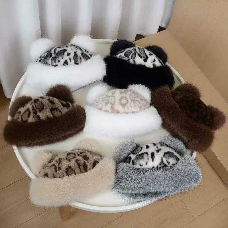Retro leopard print plush bucket hat Mongolian hat women's autumn and winter new ears thickened warm ear protection imitation water