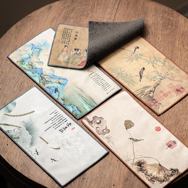 Chinese Thickened Tea Towel Plush Imitation Deerskin Absorbent Water Rag Lotus Pattern Tea Napkins Cloth Teaware Accessories