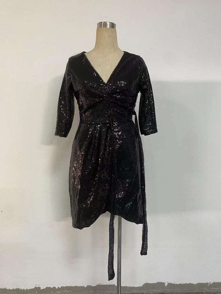 2025 Summer Sexy Women's Sequined Lace-up V-Neck Dress with Three-Quarter Sleeves