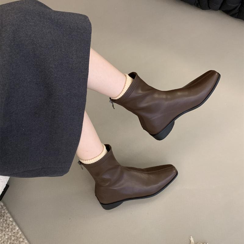 Vintage Damen Stiefeletten mit niedrigem Absatz und eckiger Spitze, gemütlich weiches Leder, Party, schlank, kurz, Herbst Winter Damenschuhe