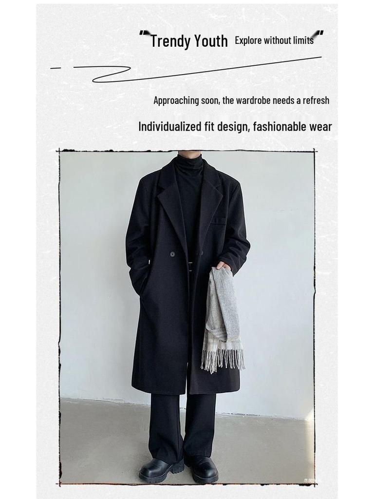 Erkek Gündelik Kore Tarzı Uzun Kollu Bol Diz Üstü Yün Sonbahar/Kış Montu