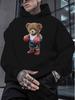 1pc unisex Casual Polyester Hoodie with Boxing Bear Print - Long Sleeve, Slight Stretch, Knit Fabric, Hooded Collar, Regular Fit, Alphabet Pattern - W