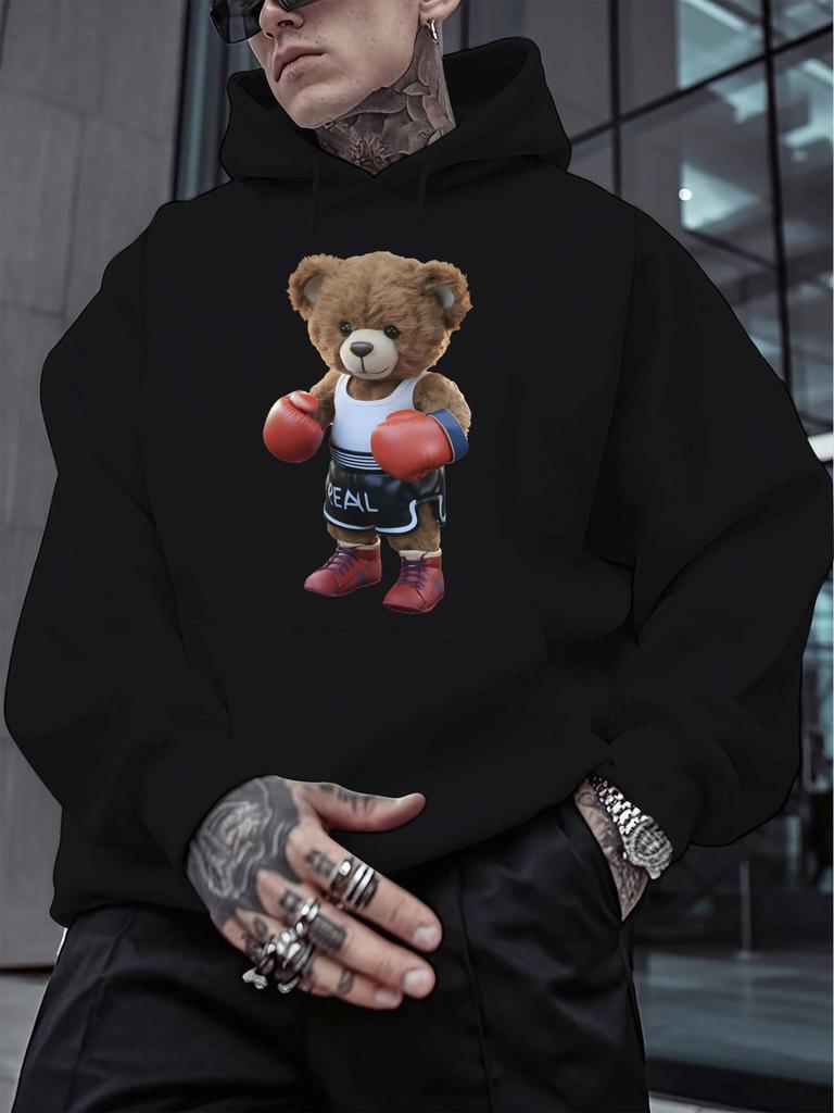 1pc unisex Casual Polyester Hoodie with Boxing Bear Print - Long Sleeve, Slight Stretch, Knit Fabric, Hooded Collar, Regular Fit, Alphabet Pattern - W