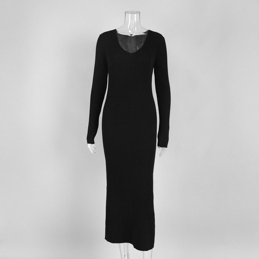 Women's New Solid Color Long Sleeve V-neck Slim Bodycon Knitted Maxi Dress Trendy Elegant Fashion Dresses