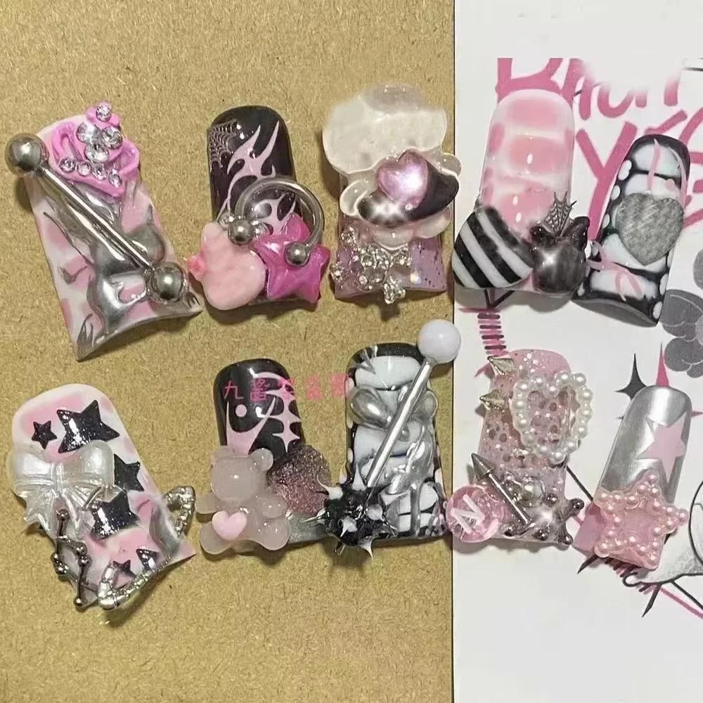 Kawaii Handmade Square Press On Nails Art Party Stickers Cute Flower Panda Bear Animal Custom Acrylic Fake Nails