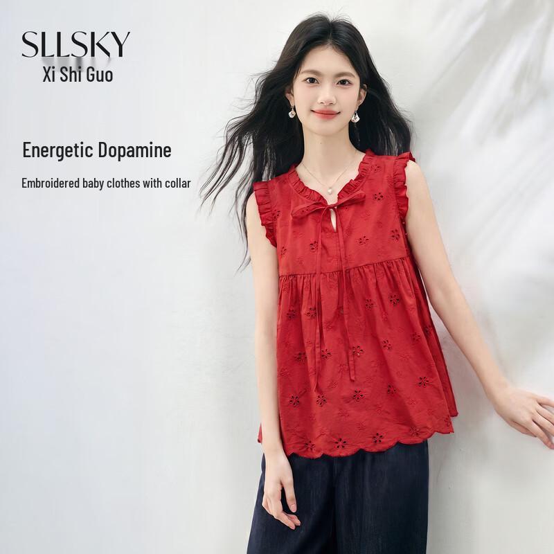 Sllsky Women s French Style Embroidered Sleeveless Blouse XL