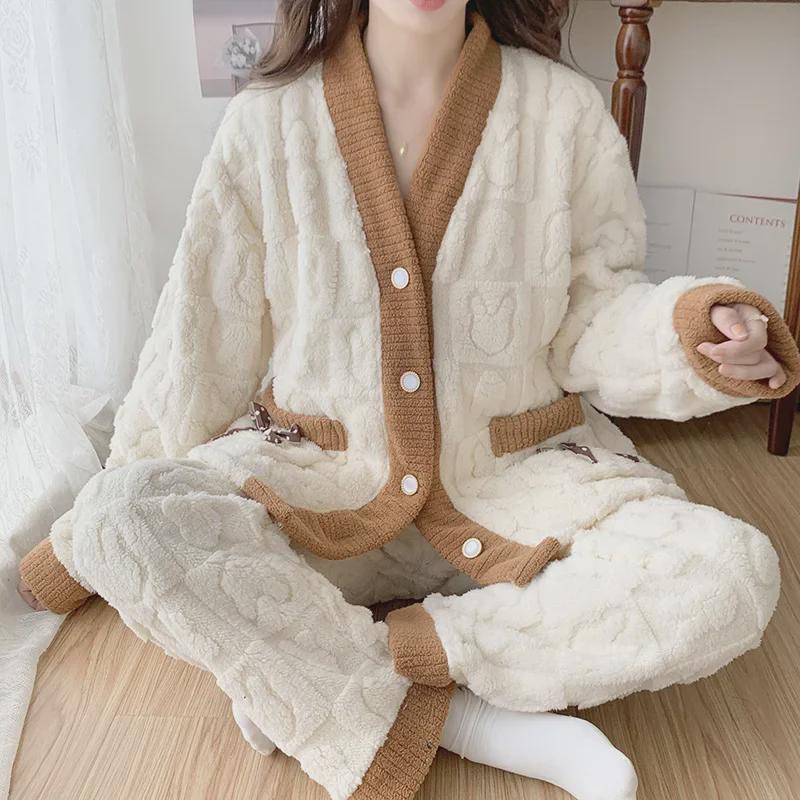 Plus Size Women's Flannel Pajama Set - Long Sleeve Cardigan, Warm and Cozy for Autumn and Winter