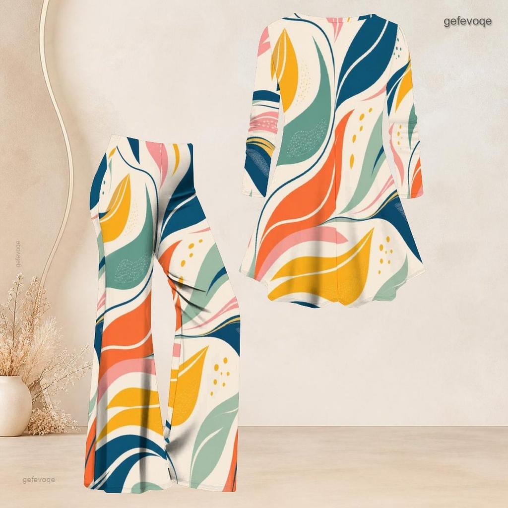 Women Plus Size Round Neck Three Quarter Sleeve Printed Flared Top And Flared Pants Two Piece Set