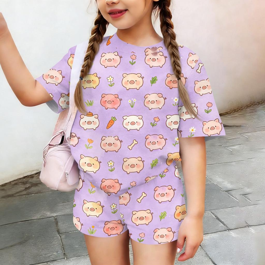 Kids Casual Short Sleeve Animal Print Top and Shorts Set Lightweight Breathable Soft Fabric Comfortable Fit
