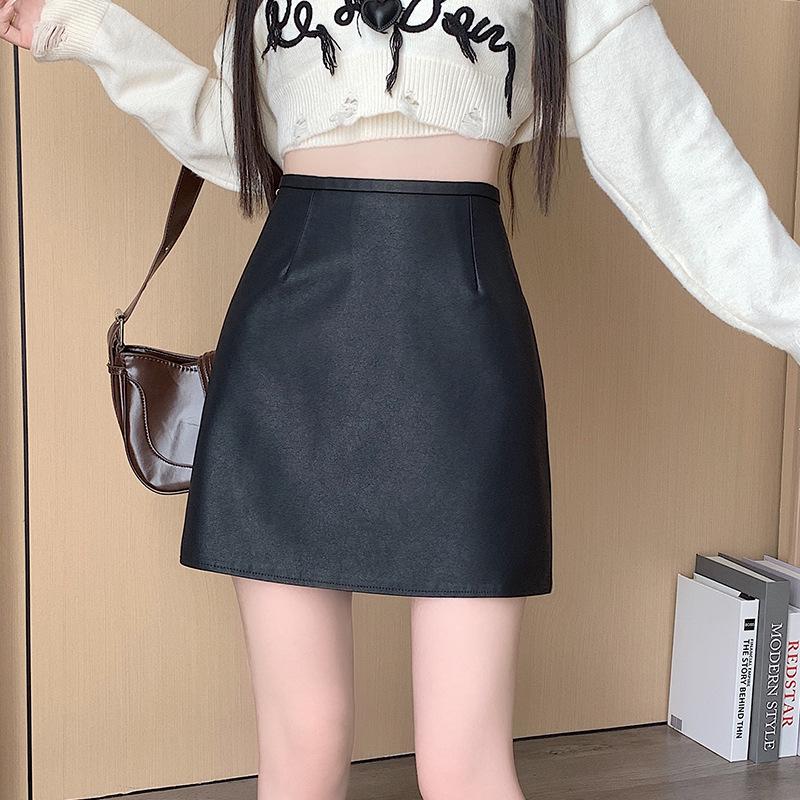 Women's Matte PU Leather Mini Skirt, High Waist A-Line, Slim Fit, Anti-Exposure, Autumn/Winter 2026 Style