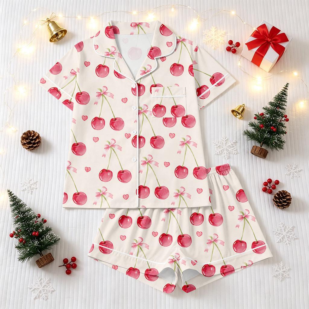 Women's Christmas Pajama Set Short Sleeve Button Down Shirt and Shorts Sleepwear