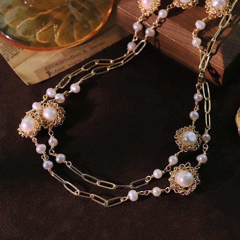 Flower Natural Freshwater Pearl Paperclip Chain Necklace New Design Handmade Necklace Party Accessories Women's Jewelry GN0841